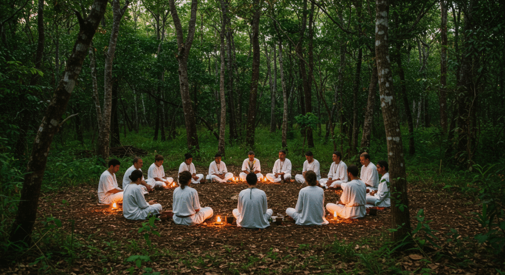 Pessoas vestidas de branco em cerimônia religiosa do Santo Daime com luz suave e ambiente respeitoso