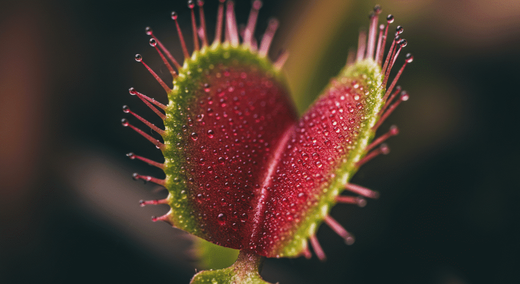 Dionaea muscipula com armadilhas abertas e detalhes vermelhos no interior