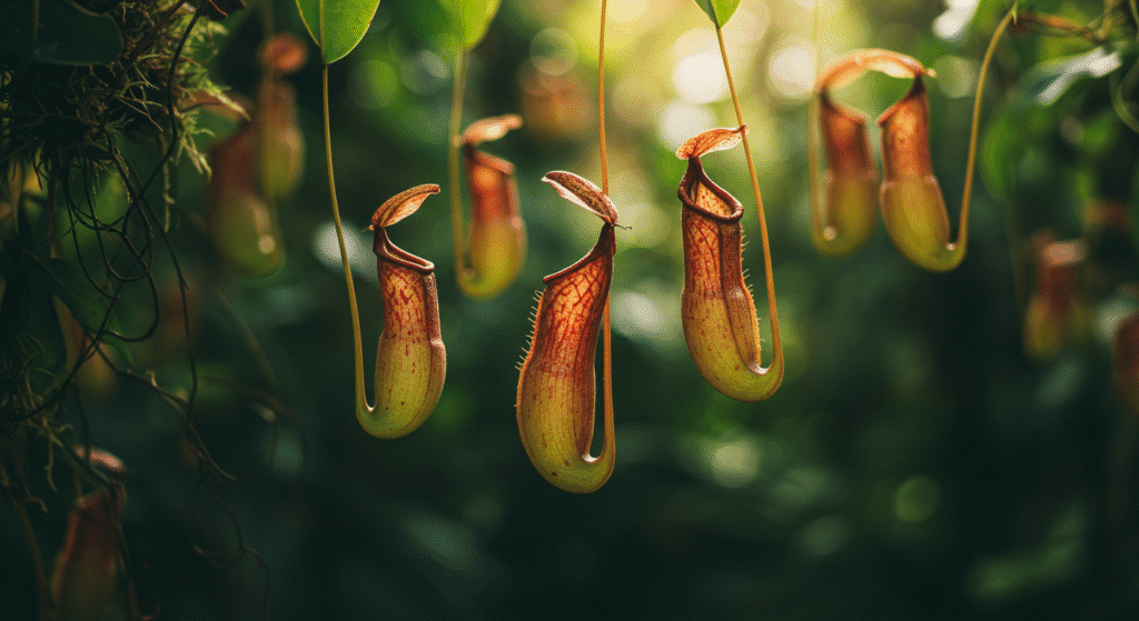 Plantas Nepenthes com jarros pendentes em vegetação tropical