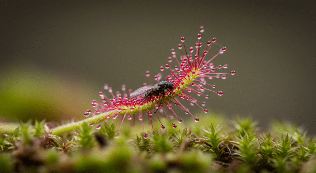 Drosera sundew com tentáculos cobertos por gotas capturando inseto