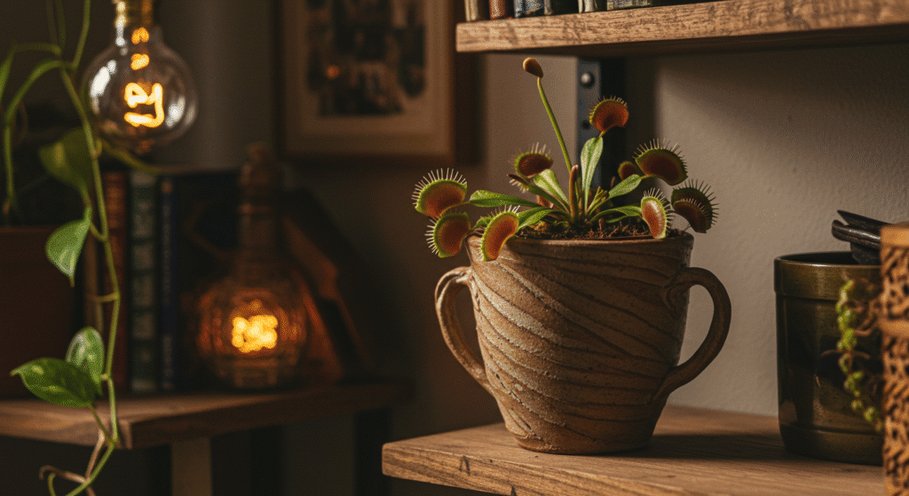 Dionaea muscipula em vaso artesanal sobre prateleira de madeira