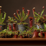 Diversas espécies de plantas carnívoras agrupadas em arranjo botânico