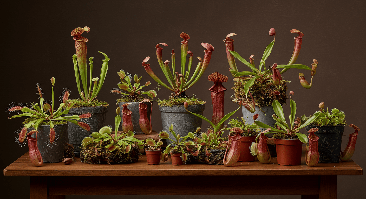 Diversas espécies de plantas carnívoras agrupadas em arranjo botânico