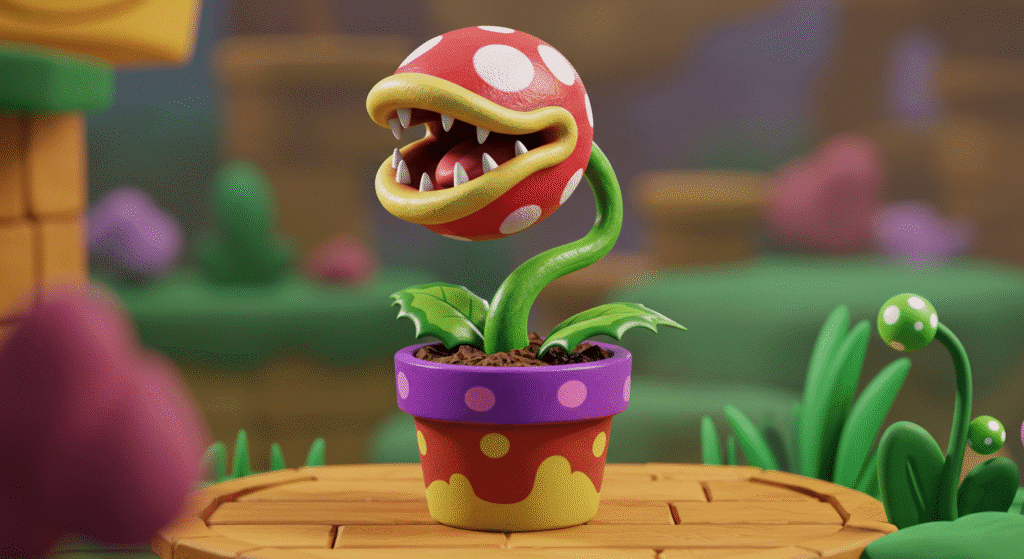 Ilustração colorida de planta carnívora estilo piranha plant em vaso colorido