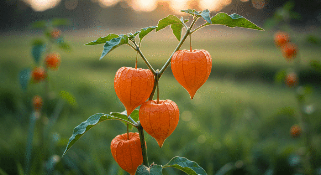 Arbusto de physalis peruviana com frutos amarelos e folhas verdes em fundo natural