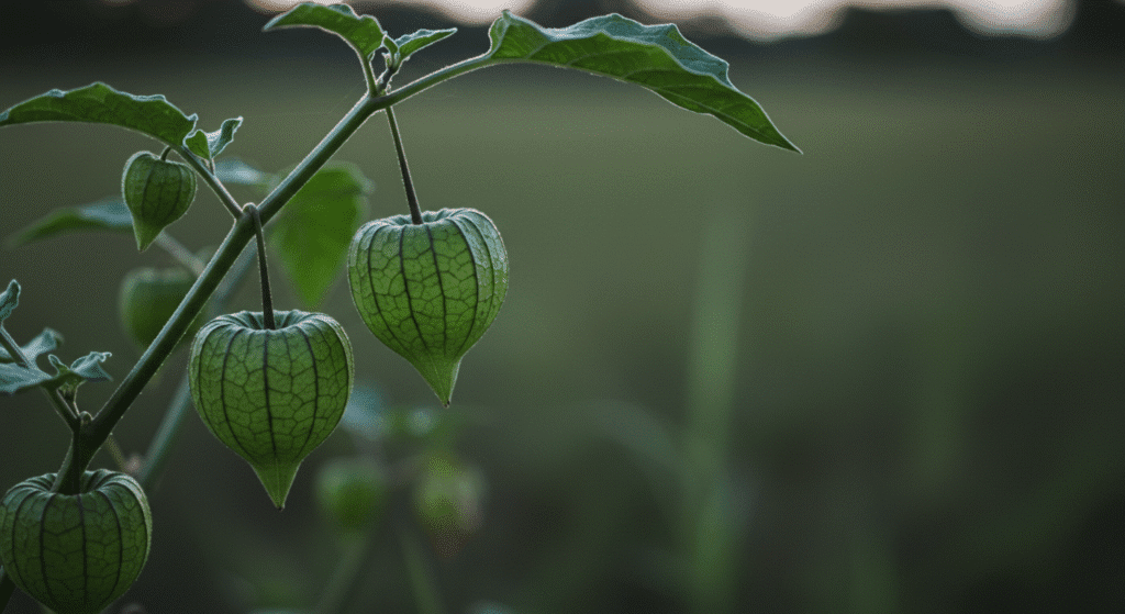 Planta silvestre Physalis angulata com frutos pequenos em cápsulas verdes no caule