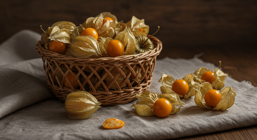 Cesta artesanal com physalis frescas, algumas com capinhas abertas