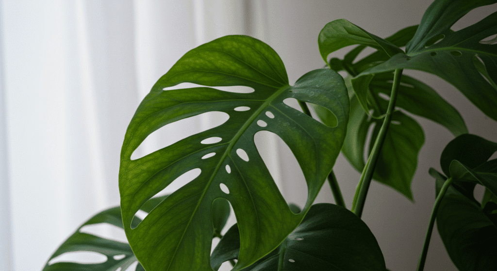 Detalhe das folhas da Monstera adansonii com furos naturais em destaque