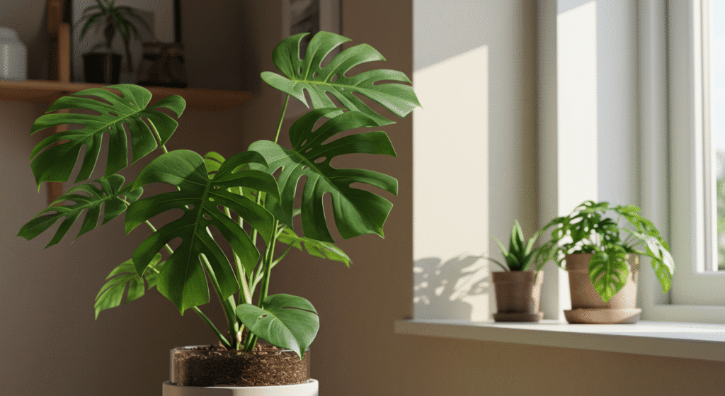 Planta Costela-de-Adão em sala moderna com iluminação suave