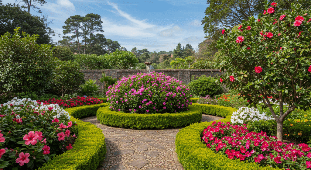 Jardim bem cuidado com manacá-da-serra florido no centro, arbustos de hibisco e camélia nas bordas e caminho de pedras