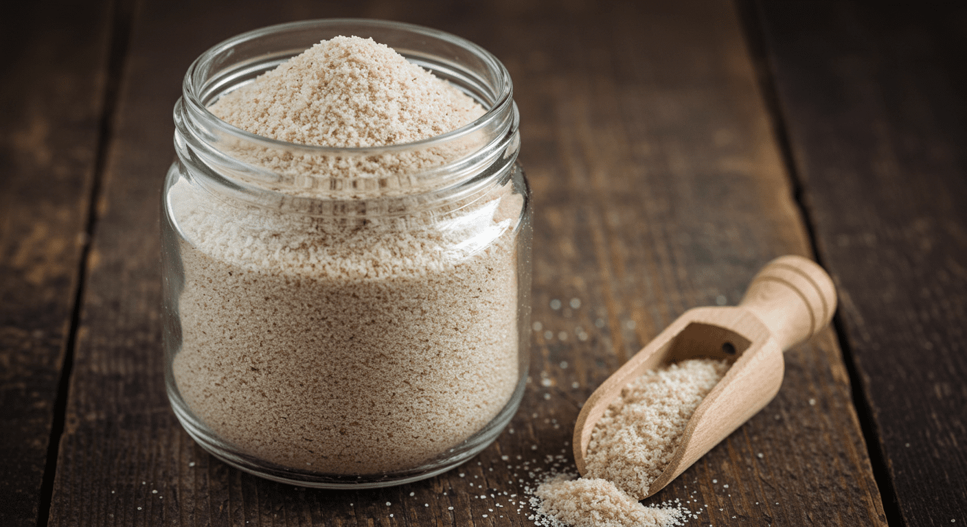 Casca de psyllium armazenada em pote de vidro: ideal para consumo diário como fibra alimentar natural.