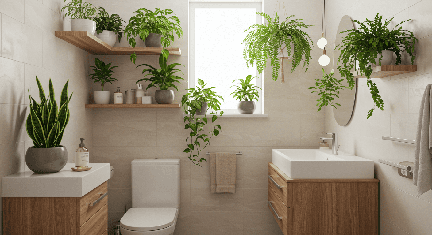 banheiro decorado com lindaas folhagens verdes