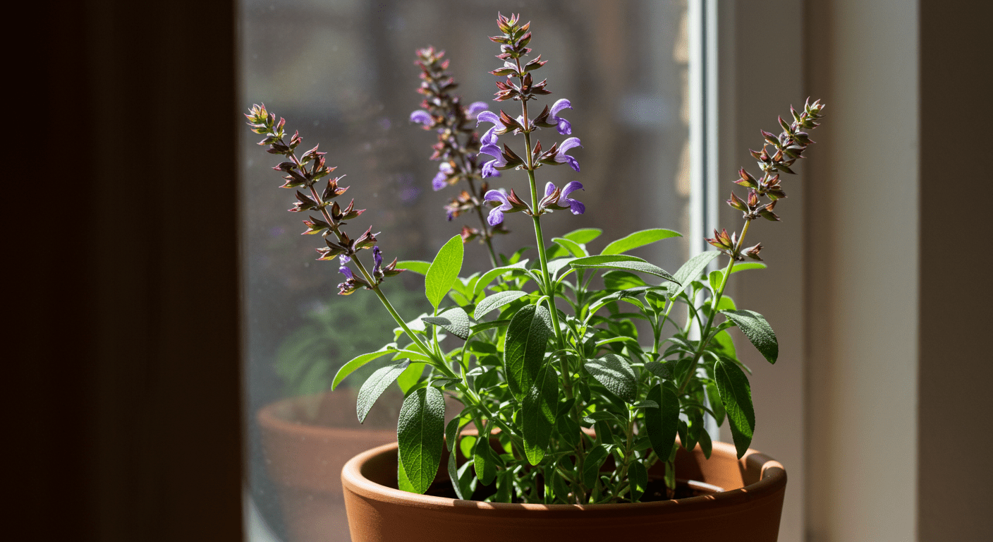 Planta Salvia officinalis crescendo em vaso de terracota em uma janela ensolarada