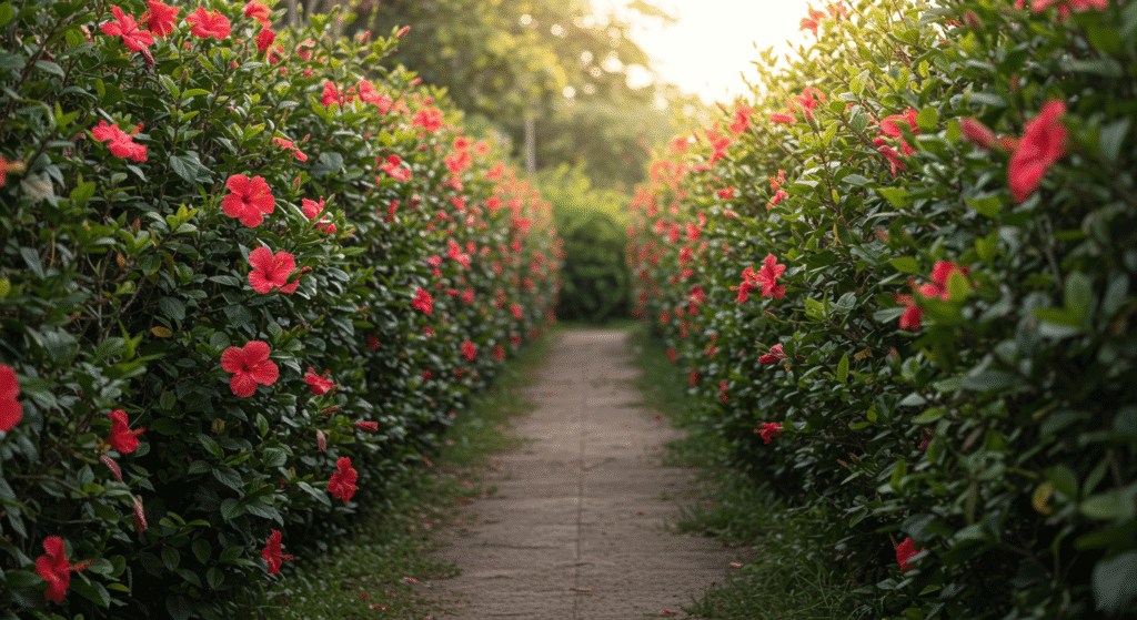 Arbusto de hibisco florido usado como cerca viva em jardim tropical