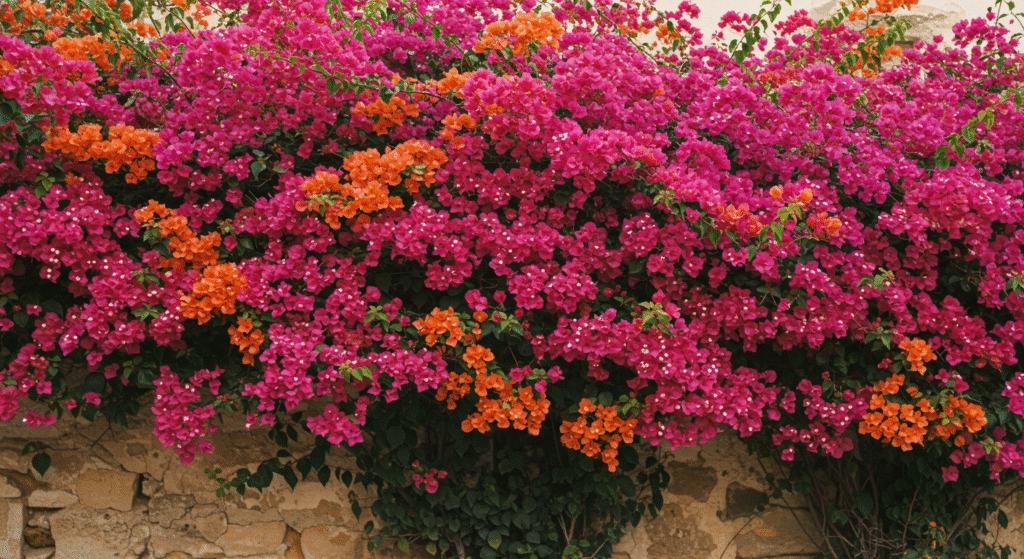 Bougainvillea rosa e laranja formando uma cerca viva em flor