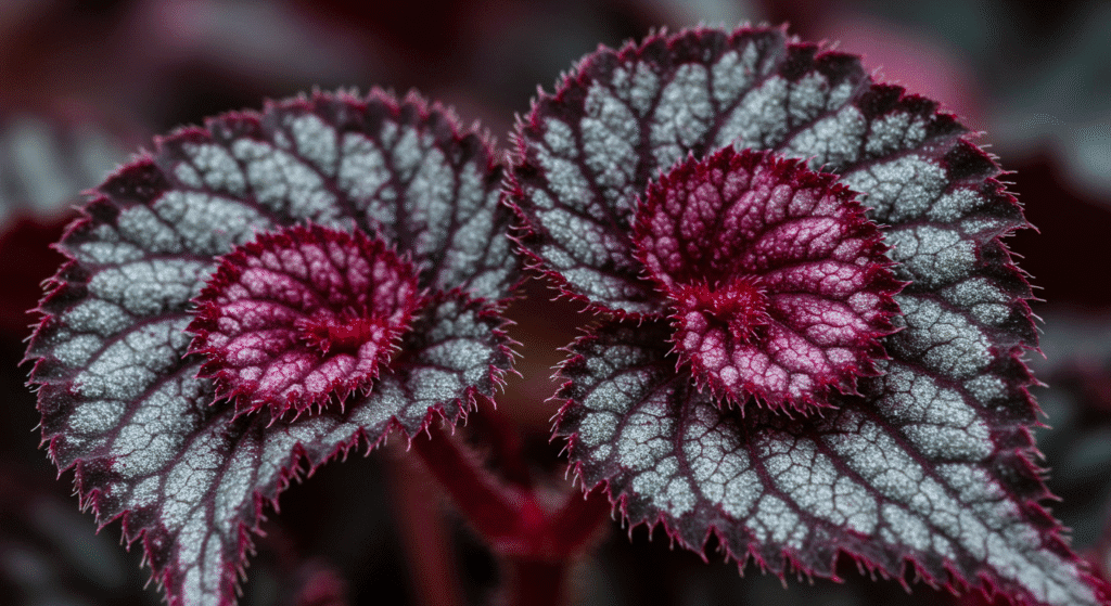 Close-up das folhas espiraladas da begônia rex com tons de roxo, rosa e prata