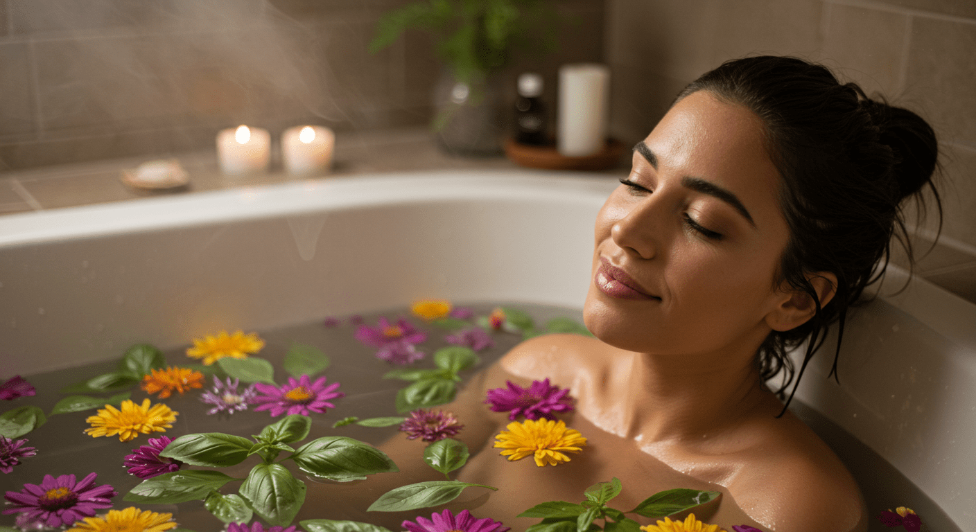 Mulher de costas derramando banho de manjericão sobre o corpo em ritual de purificação