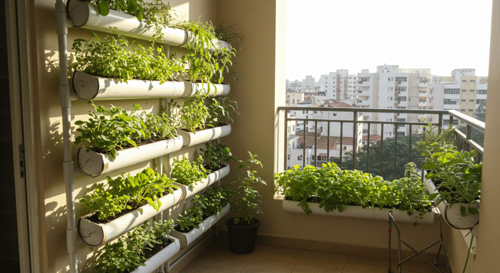 Horta vertical feita com canos de PVC cortados ao meio, fixados em uma parede externa, com temperos e ervas verdes