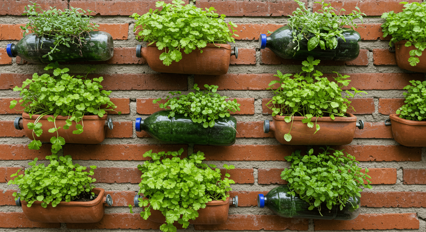 Horta vertical colorida com vasos de barro e garrafas PET na parede de tijolos, cultivando ervas tropicais como coentro e hortelã