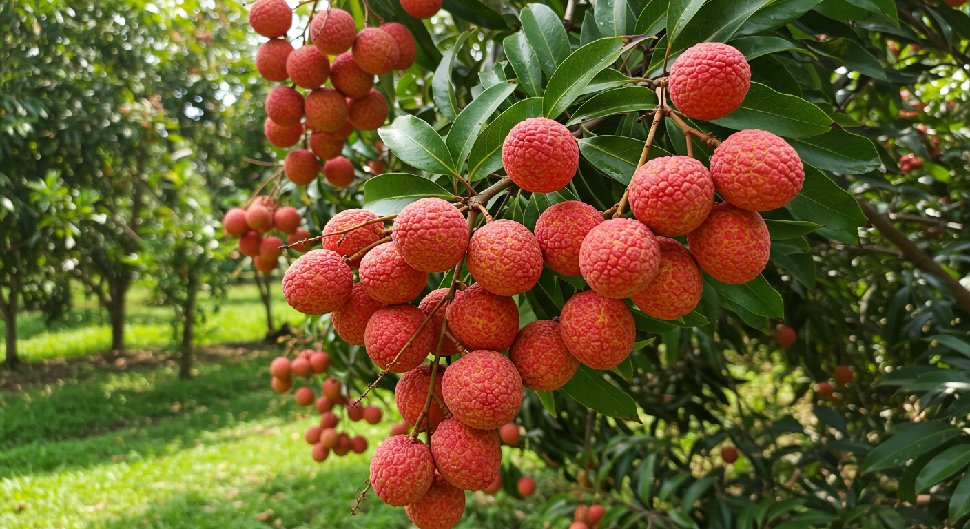 Árvore de lichia cheia de frutos vermelhos maduros em jardim tropical