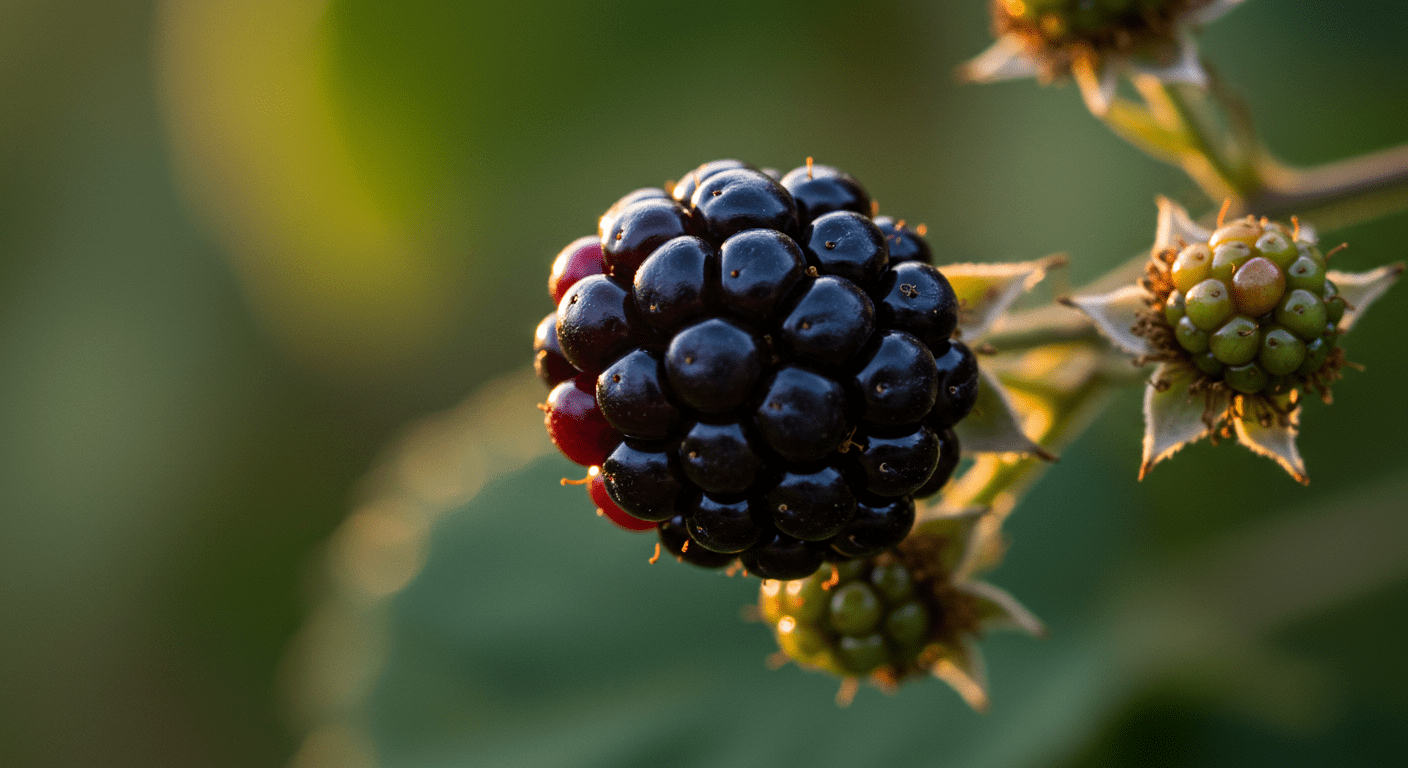 Amora madura no pé, em destaque com fundo desfocado
