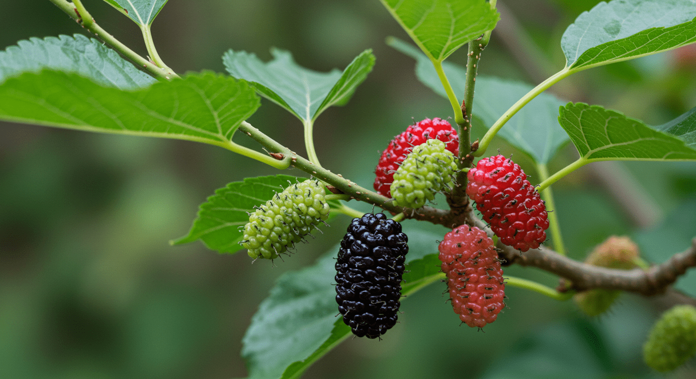 Muda de Amora Miúra cheia de frutos em nivel de amadurecimento diferentes - Amora Medicinal