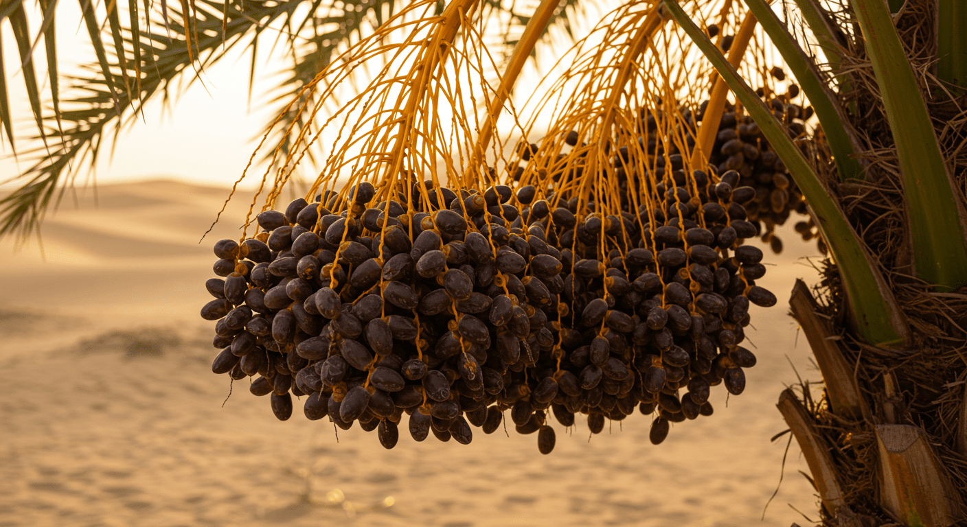Cacho de tâmaras maduras pendurado em uma tamareira, iluminado pela luz dourada do pôr do sol com paisagem desértica ao fundo.
