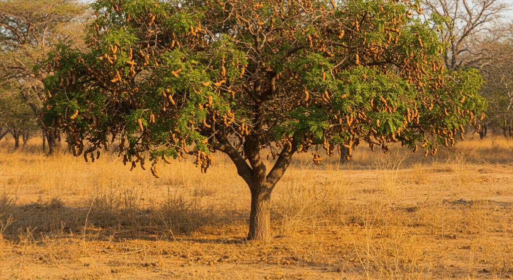Árvore de tamarindo com vagens marrons maduras penduradas nos galhos, em ambiente tropical seco.