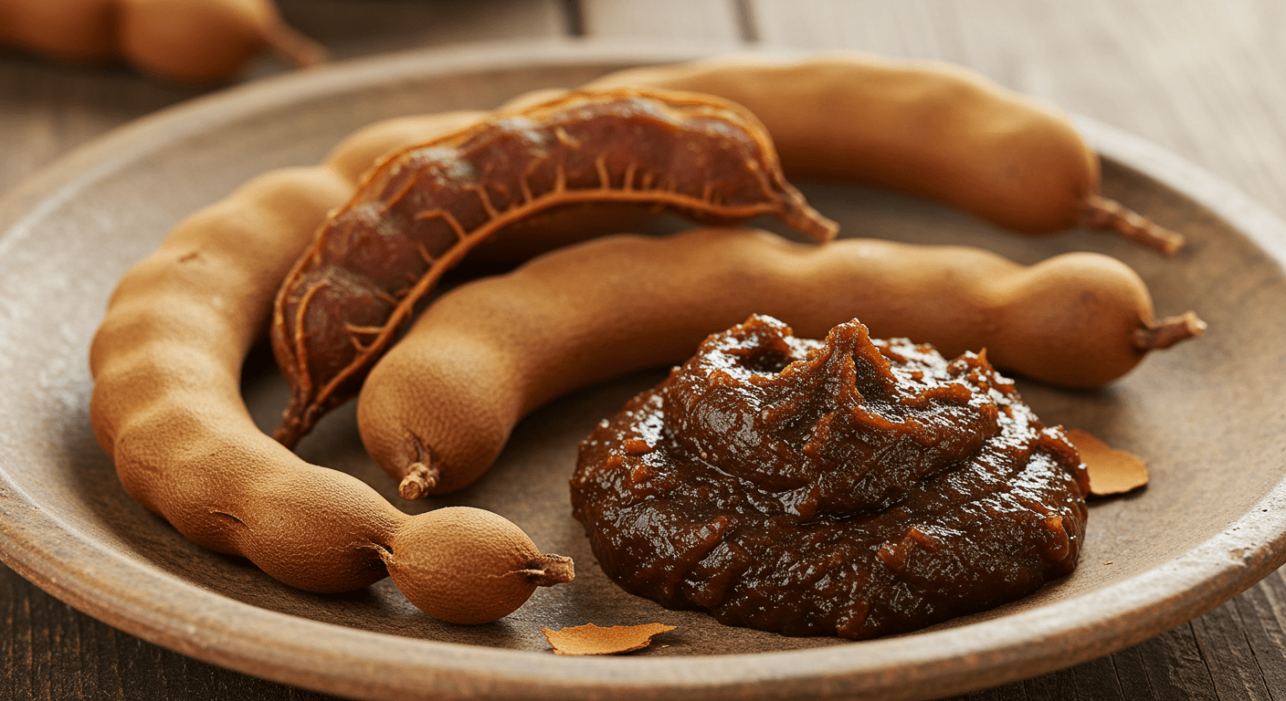 Polpa fresca de tamarindo e doce em pasta sobre prato de cerâmica rústico.