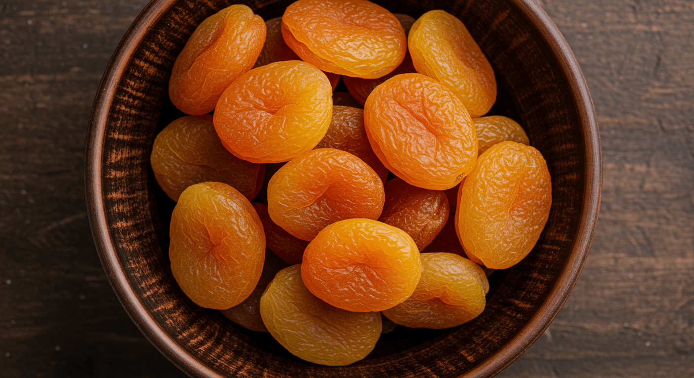 Damascos frescos em cima de uma mesa de madeira com luz natural suave.