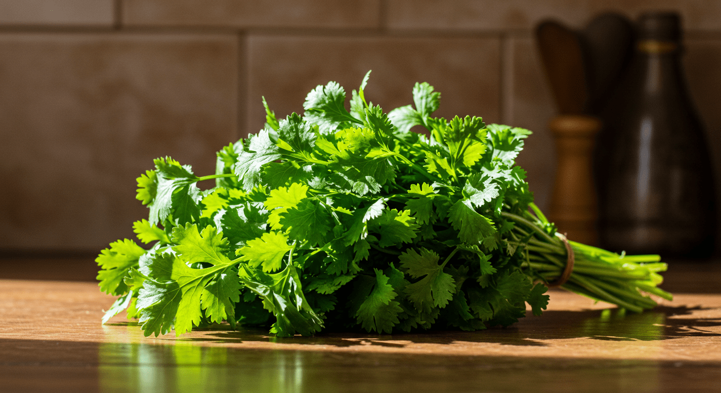 Folhas verdes de coentro frescas em bancada de madeira com aparência natural.
