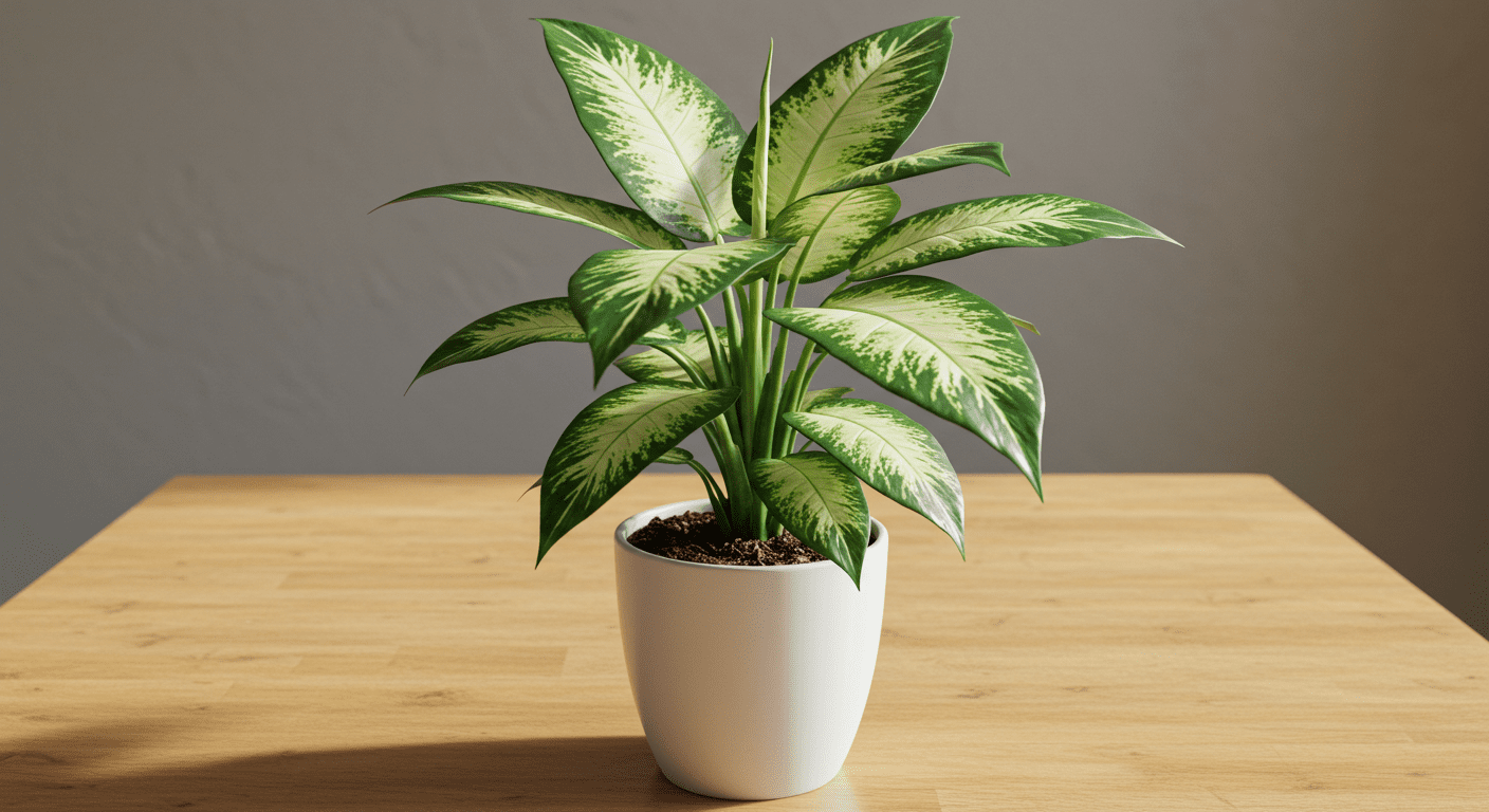 Planta comigo-ninguém-pode em vaso branco decorativo, com folhas verdes e manchas claras.