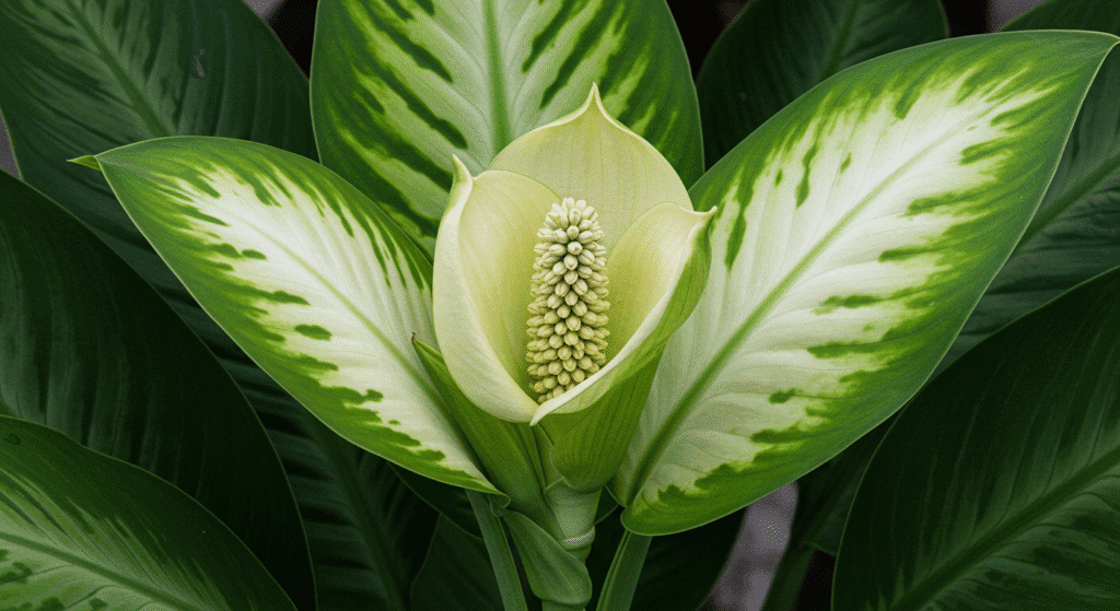 Flor da comigo-ninguém-pode com espádice clara e espata verde em meio às folhas grandes.