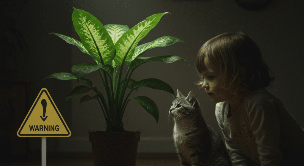 Gato e criança próximos a planta comigo-ninguém-pode com sinal de planta venenosa.