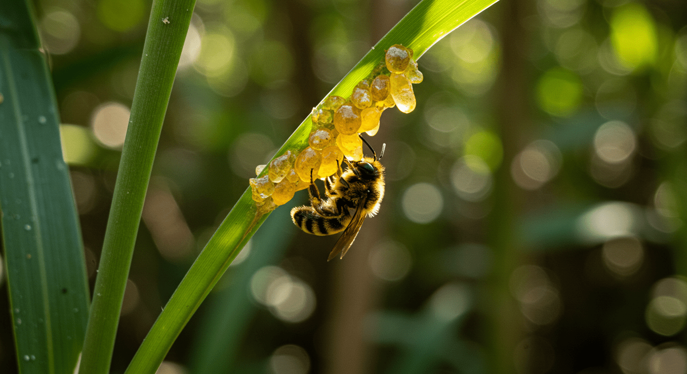 Abelha em uma planta de alecrim-do-campo coletando resina para produção de própolis