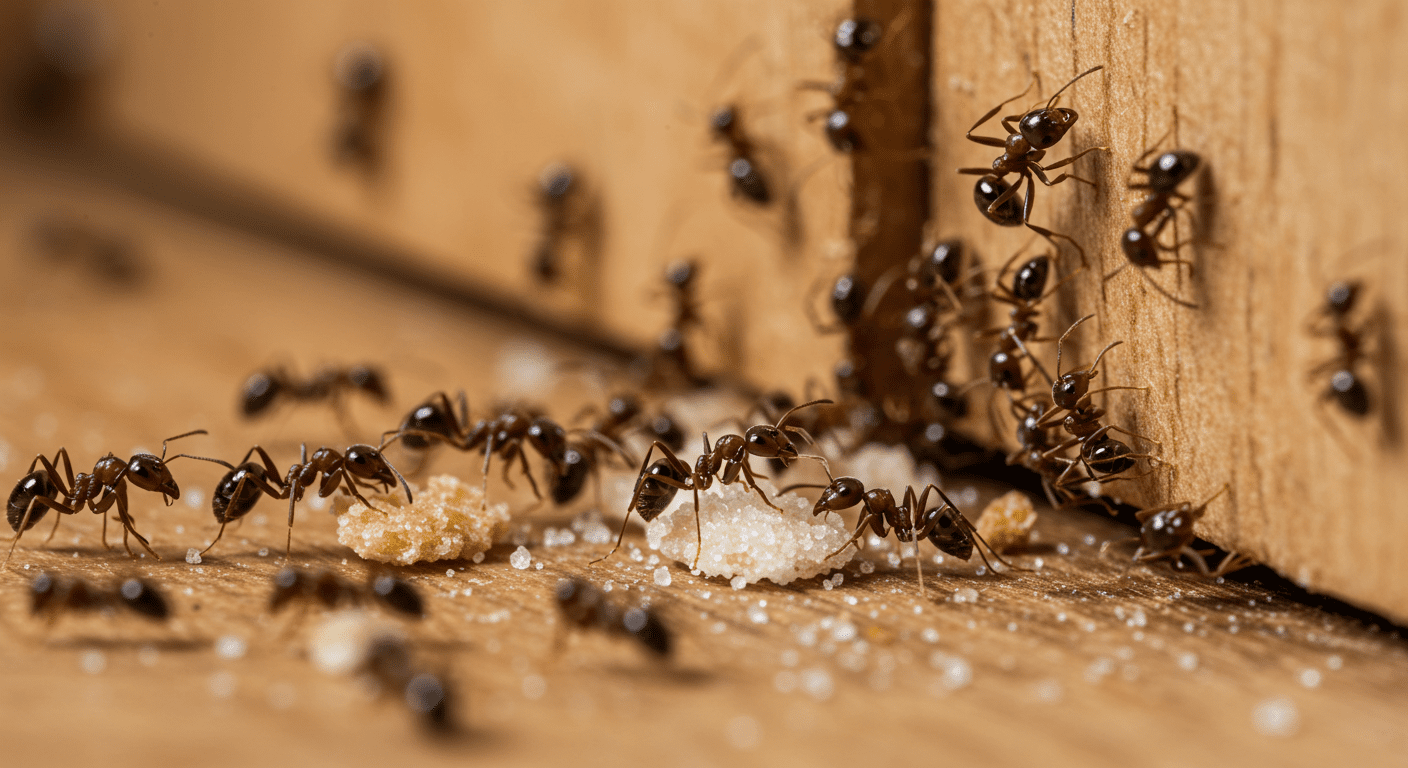 Formigas pequenas andando sobre superfície de armário