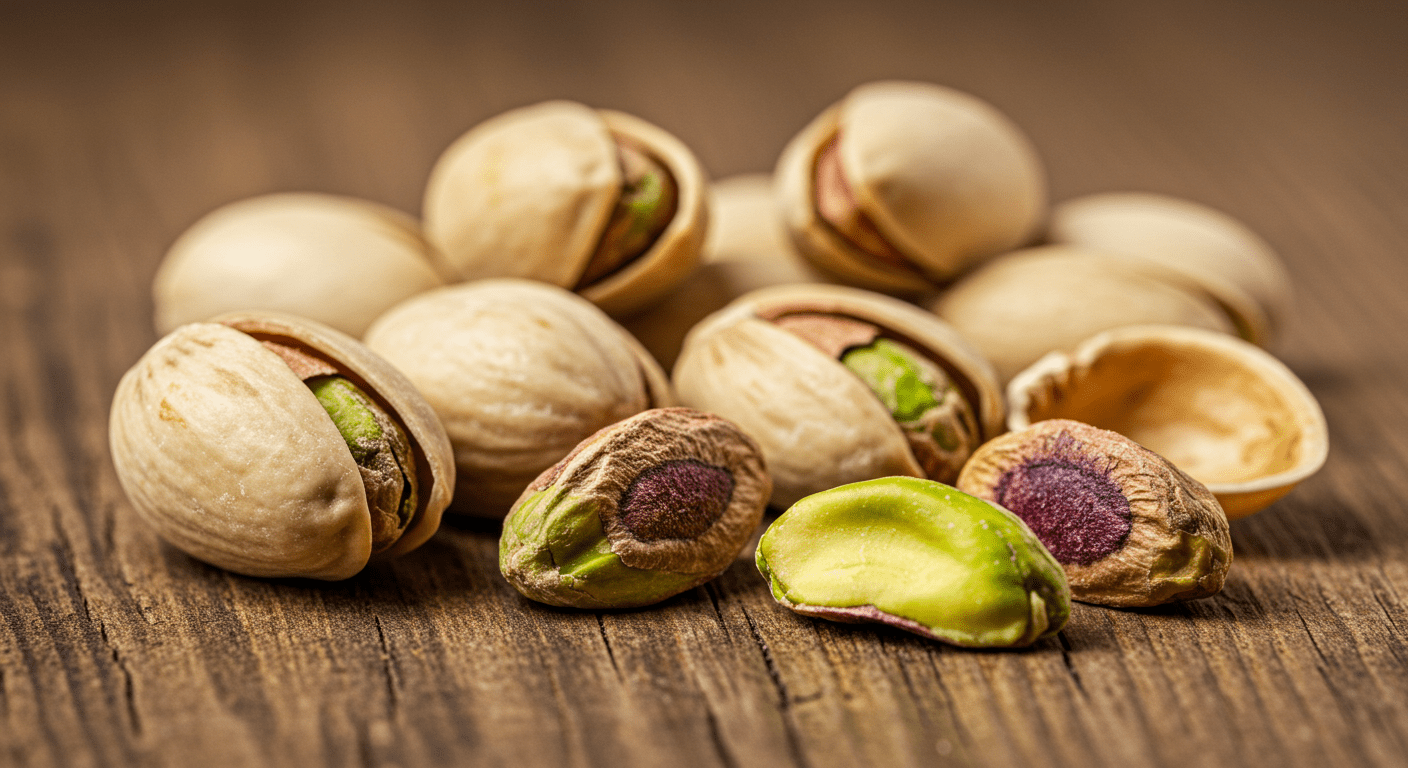 Pistaches com e sem casca em fundo de madeira rústica