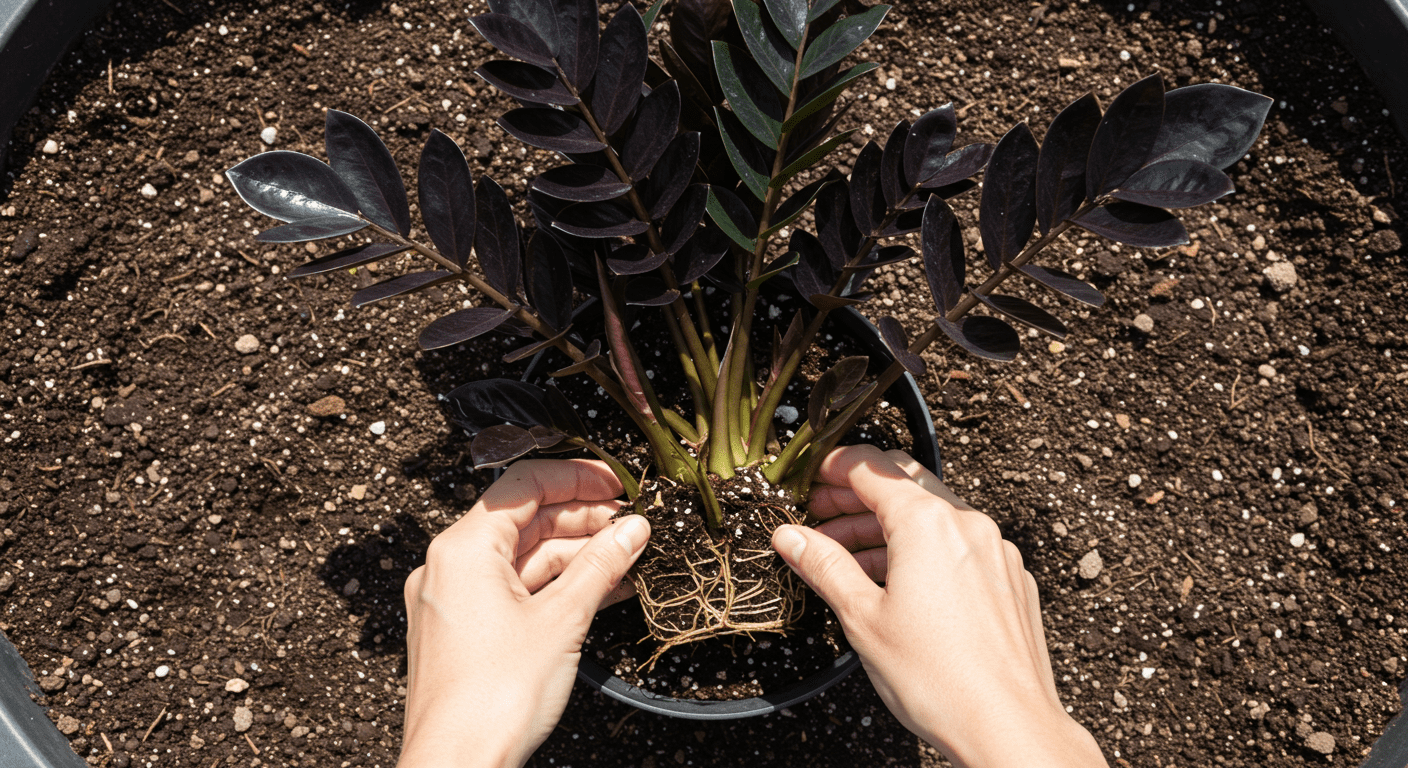 Mãos replantando muda de zamioculca raven