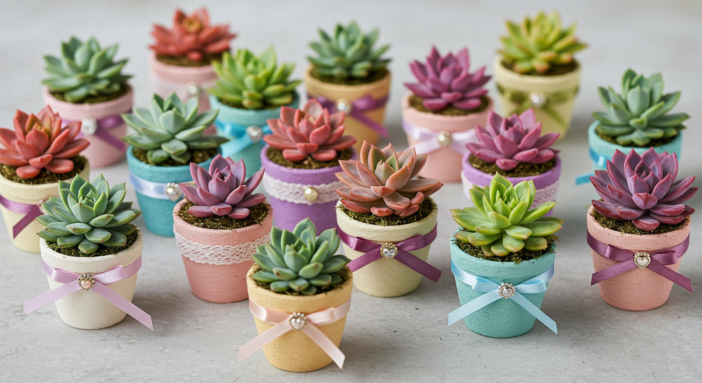 suculentas coloridas decoradas para lembracinha de casamento