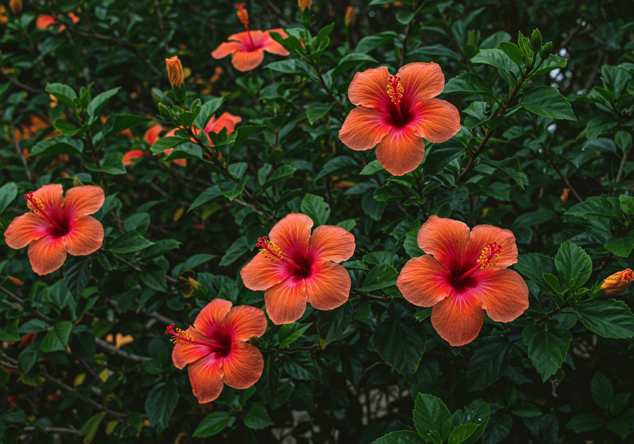 Jardim com flores de hibisco vermelhas, amarelas, rosas e brancas em meio a folhagem verde.