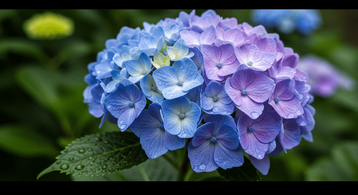 Close-up de hortênsia com pétalas azuis e lilás