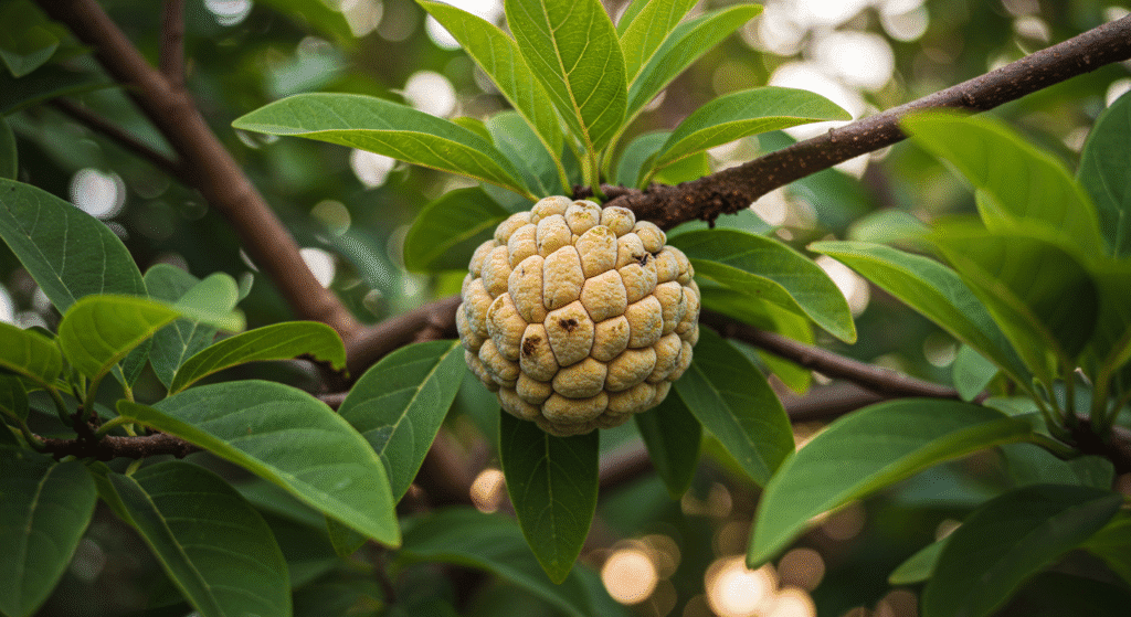 Fruta do conde tropical madura no pé, em meio a folhas verdes