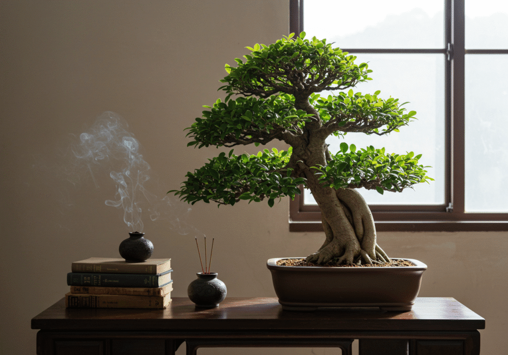 Ficus ginseng bonsai com tronco espesso e raízes aéreas, em mesa baixa oriental com livros antigos e incenso, luz do amanhecer entrando