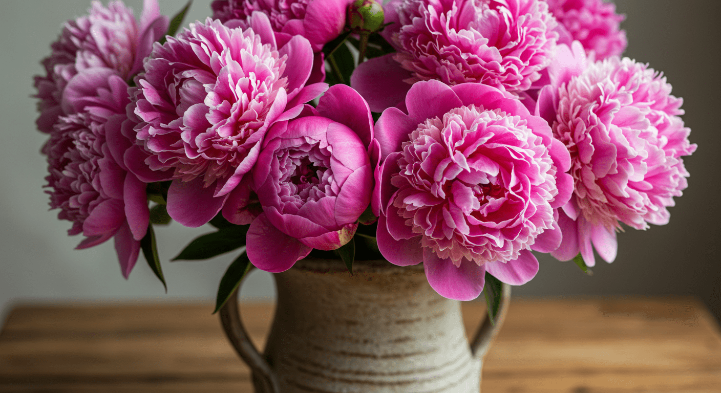 Vaso de flores com peônias rosas floridas
