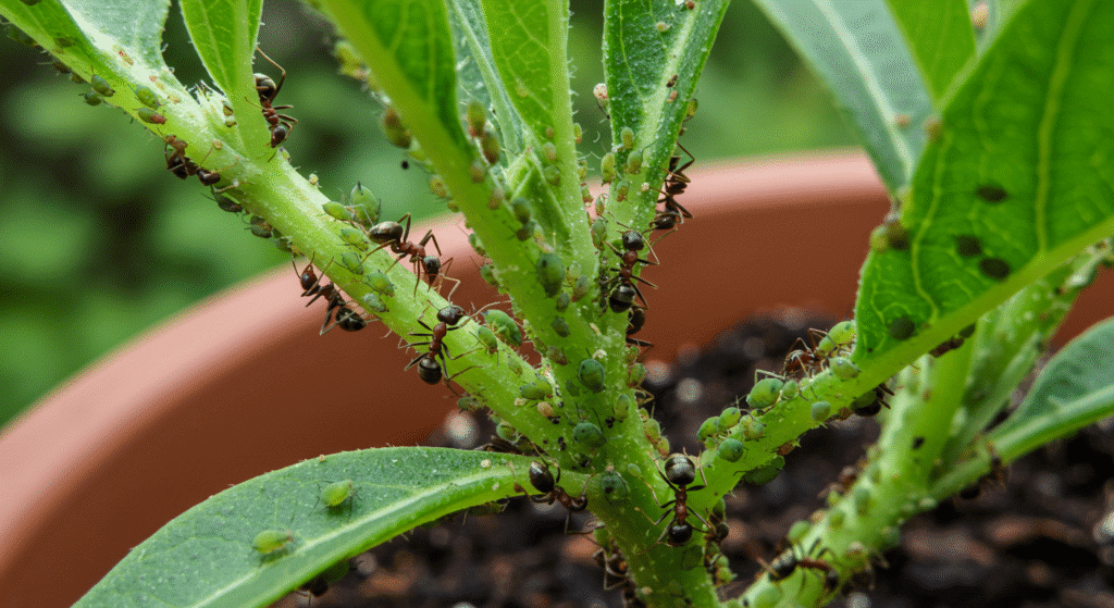 Fomigas e pulgões em plantas