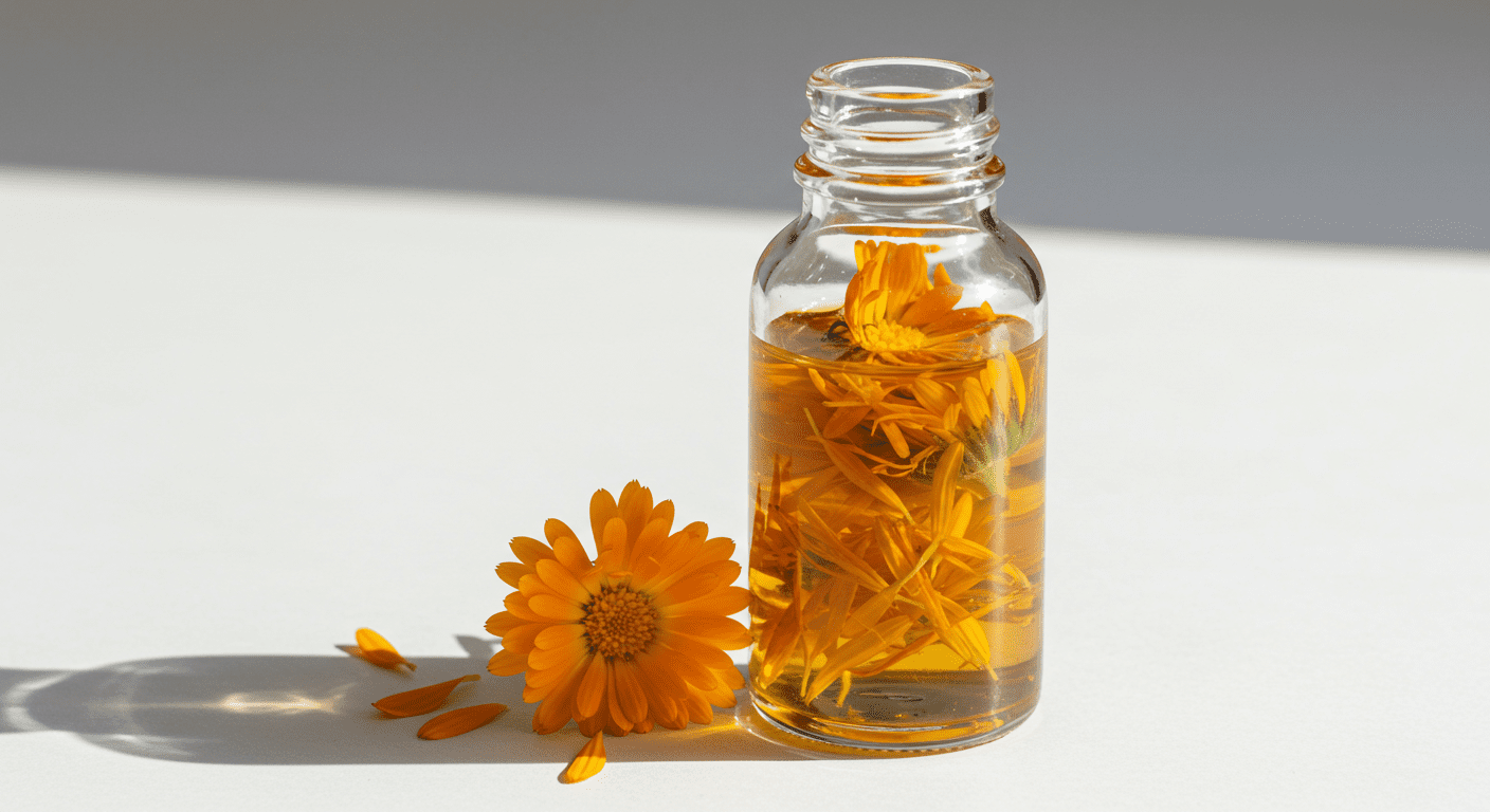 Frasco âmbar com óleo de calêndula e pétalas secas sobre madeira clara