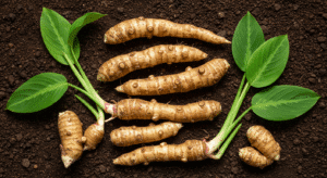 Fotografia botânica das raízes de araruta (Maranta arundinacea) recém-colhidas, com folhas verdes intactas, dispostas sobre o solo úmido. As raízes estão limpas, de cor bege clara, com formato alongado e casca fibrosa.