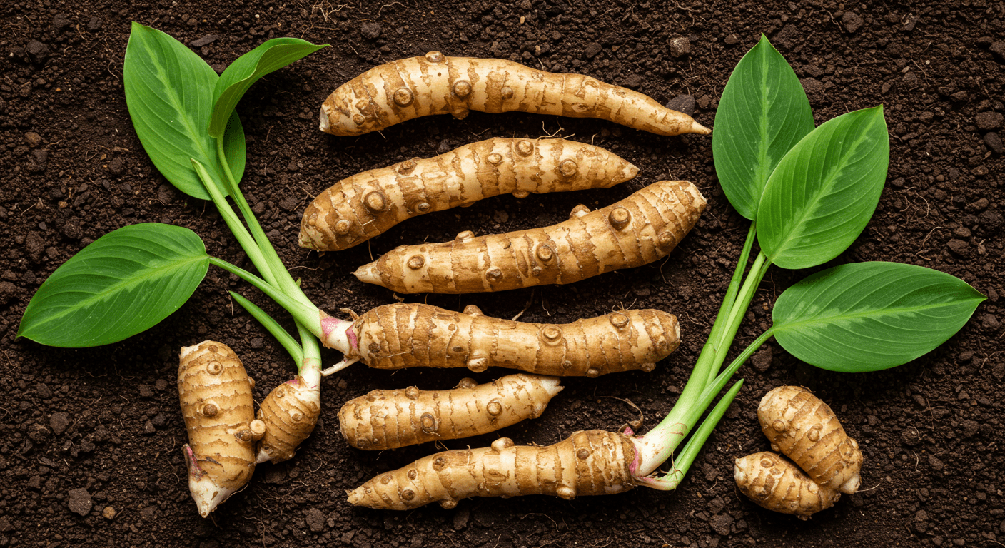 Fotografia botânica das raízes de araruta (Maranta arundinacea) recém-colhidas, com folhas verdes intactas, dispostas sobre o solo úmido. As raízes estão limpas, de cor bege clara, com formato alongado e casca fibrosa.