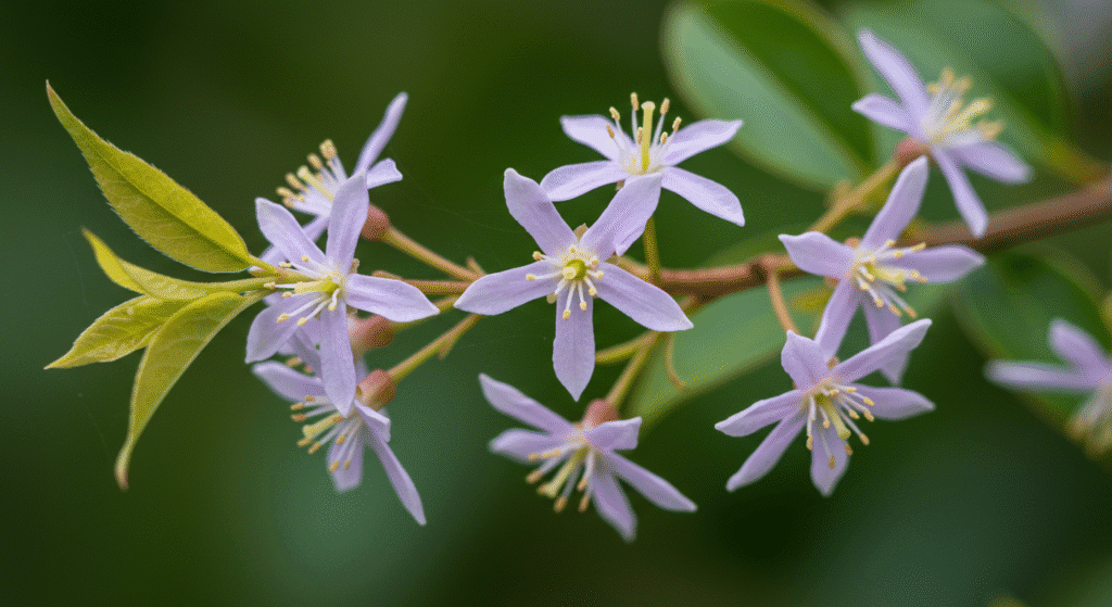 Close das flores lilases do cinamomo com pétalas finas e delicadas