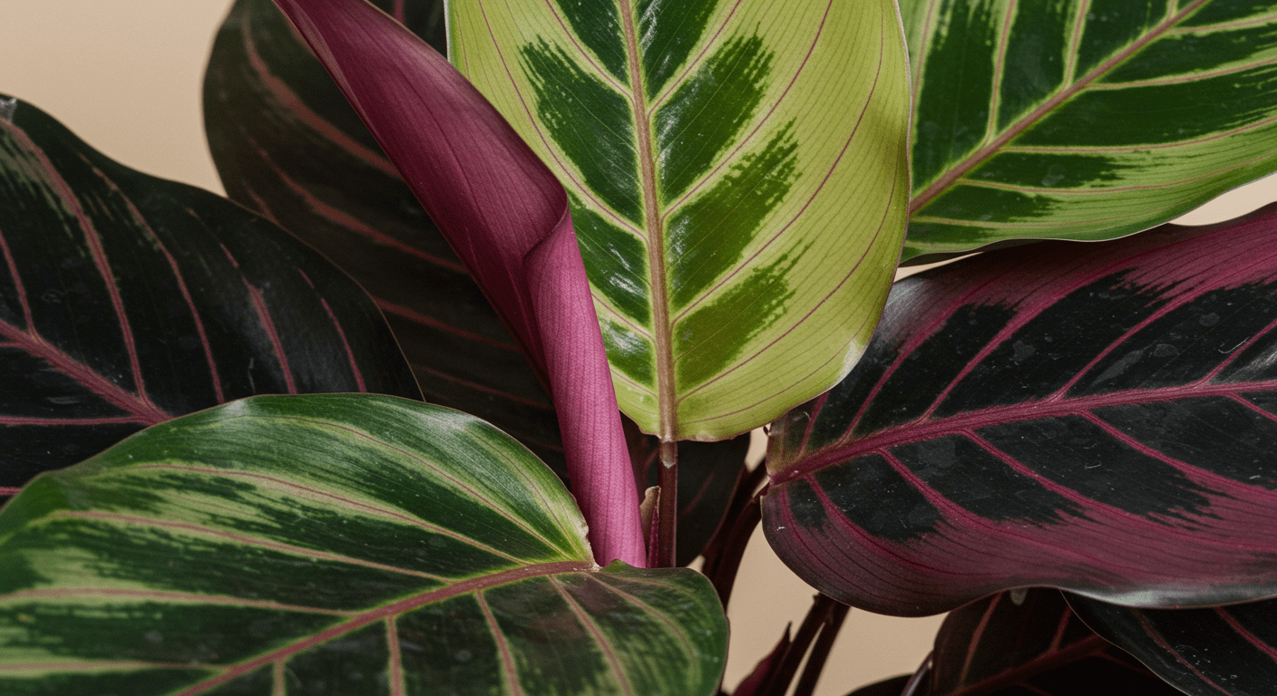 Folhas tricolores da Calathea em close-up mostrando texturas